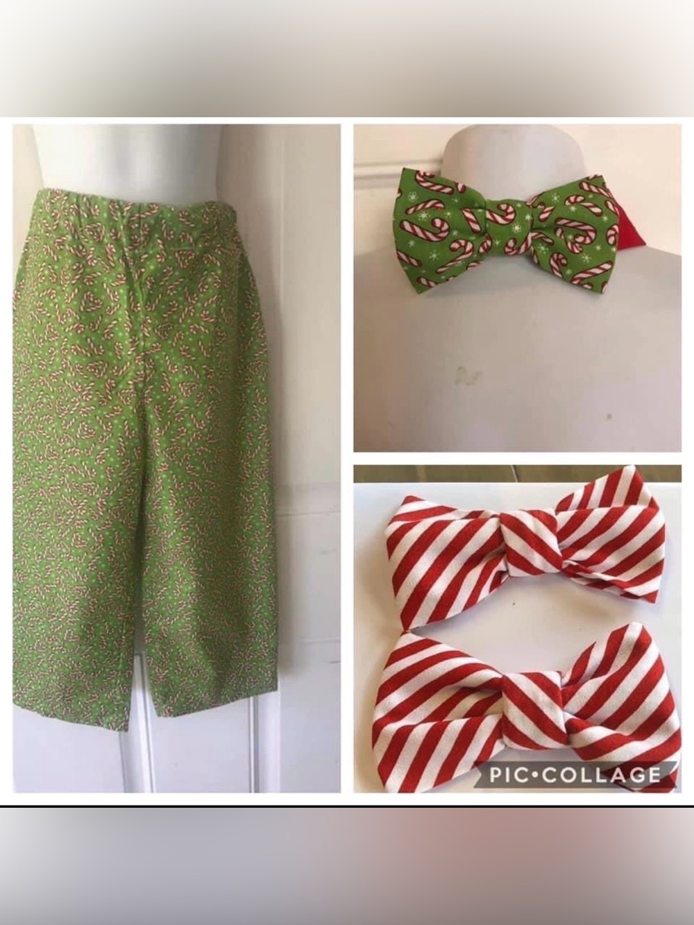 NWOT Unisex size 3 Custom Sewn green/red candy canes Christmas pants/bows/bowtie